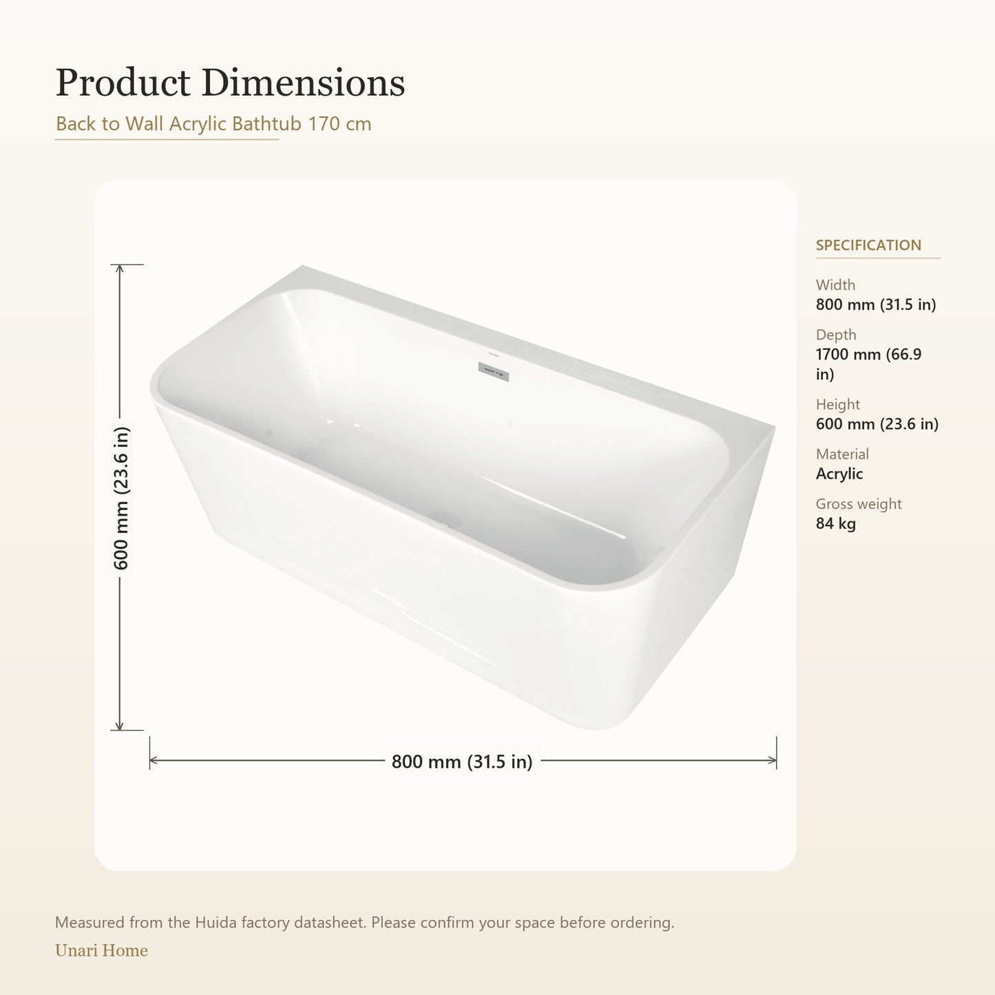 Unari Home Back to Wall Acrylic Bathtub 170 cm, Gloss White