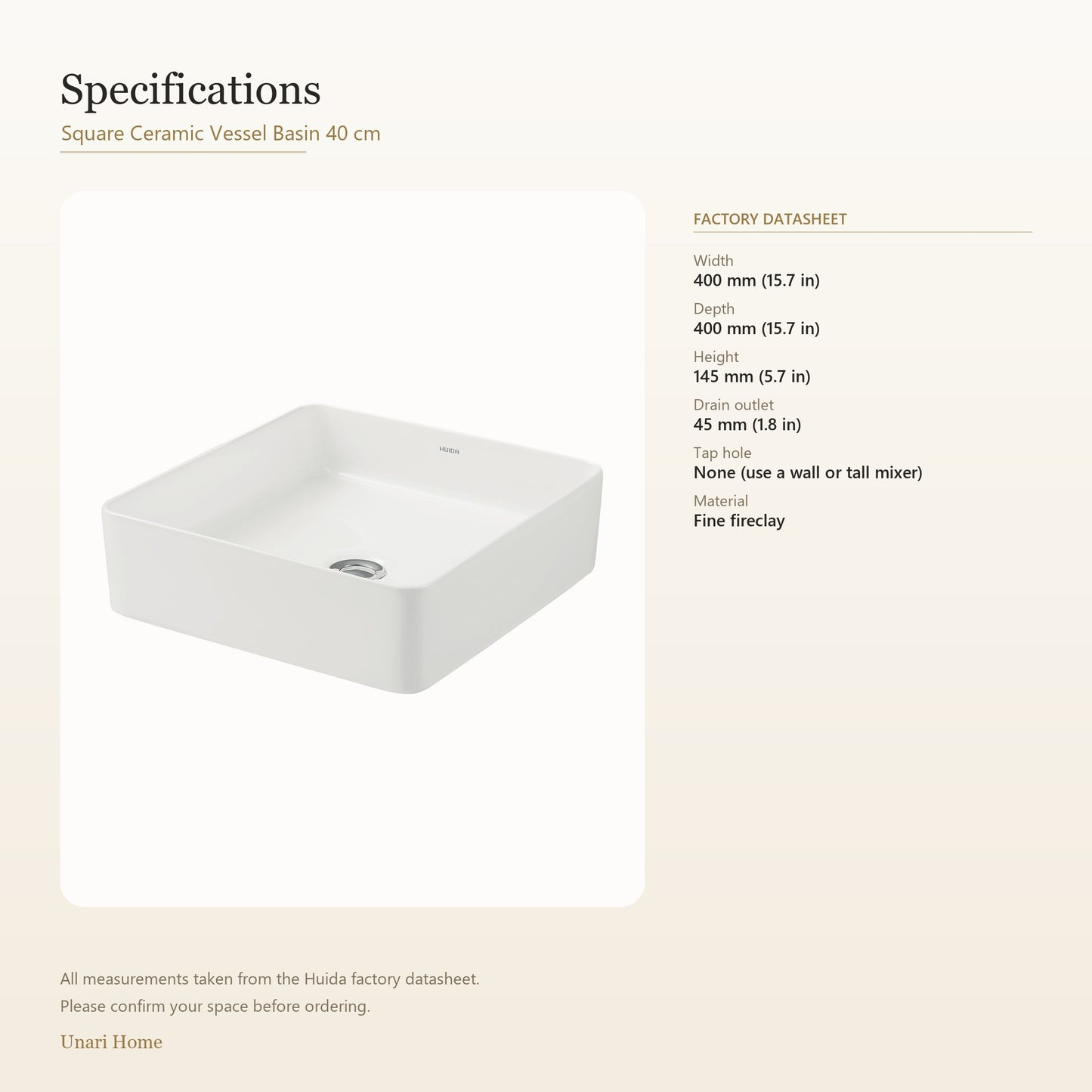 Unari Home Square Ceramic Vessel Basin 40 cm, Gloss White