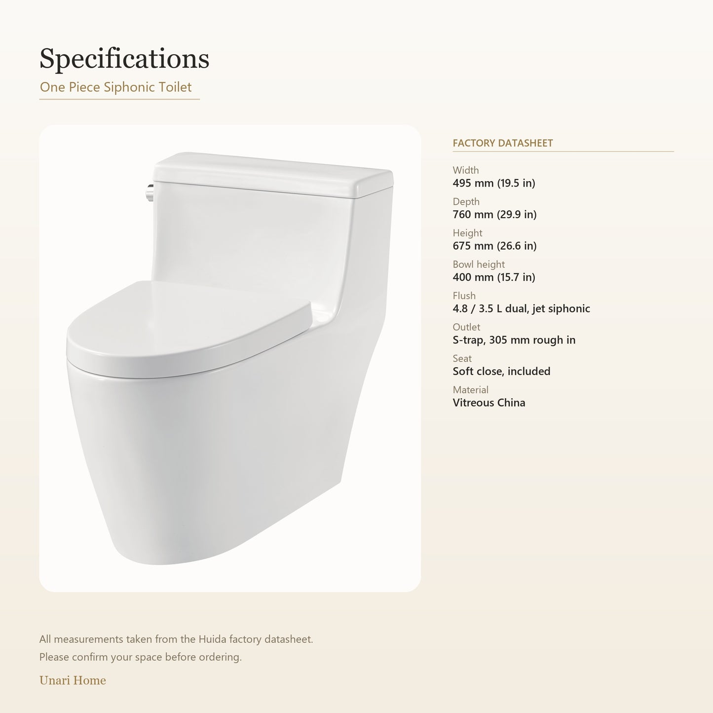 Unari Home One Piece Siphonic Toilet with Soft Close Seat
