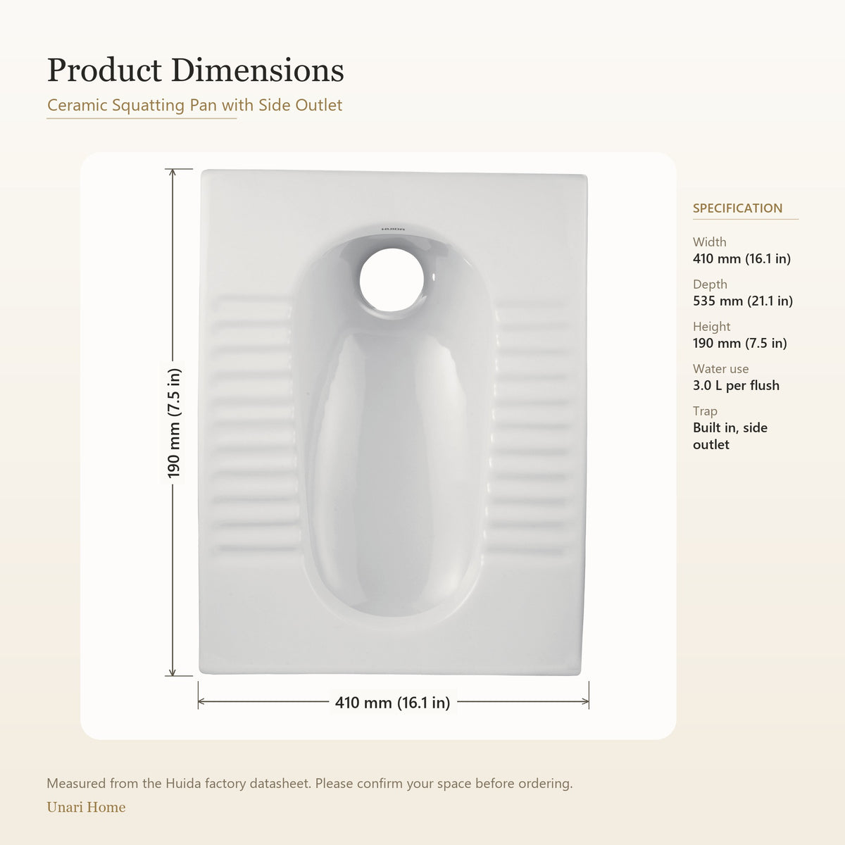Product dimensions diagram for a ceramic squatting pan with side outlet, showing a white rectangular pan with a circular opening at the top center, labeled with width 410 mm and height 190 mm, plus specification text on a light beige background.