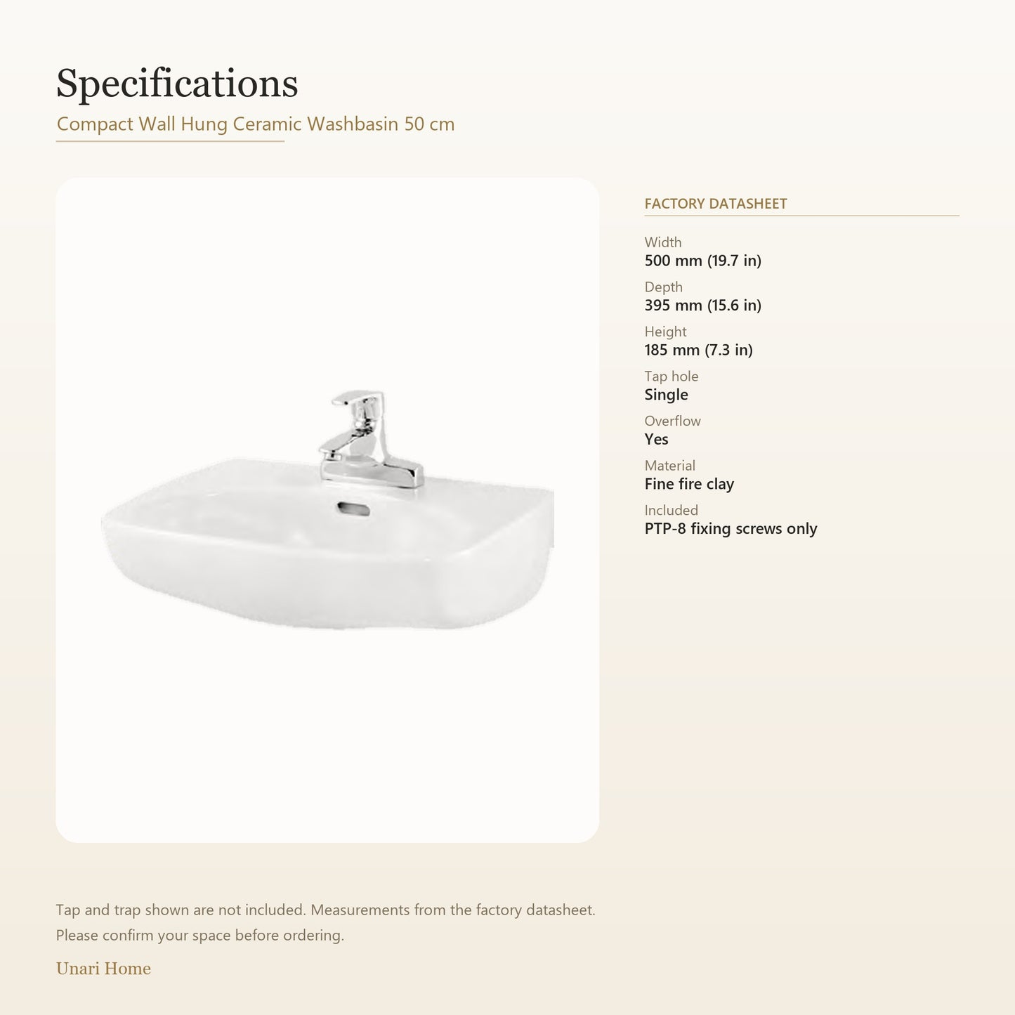 Unari Home Compact Wall-Hung Ceramic Washbasin 50 cm