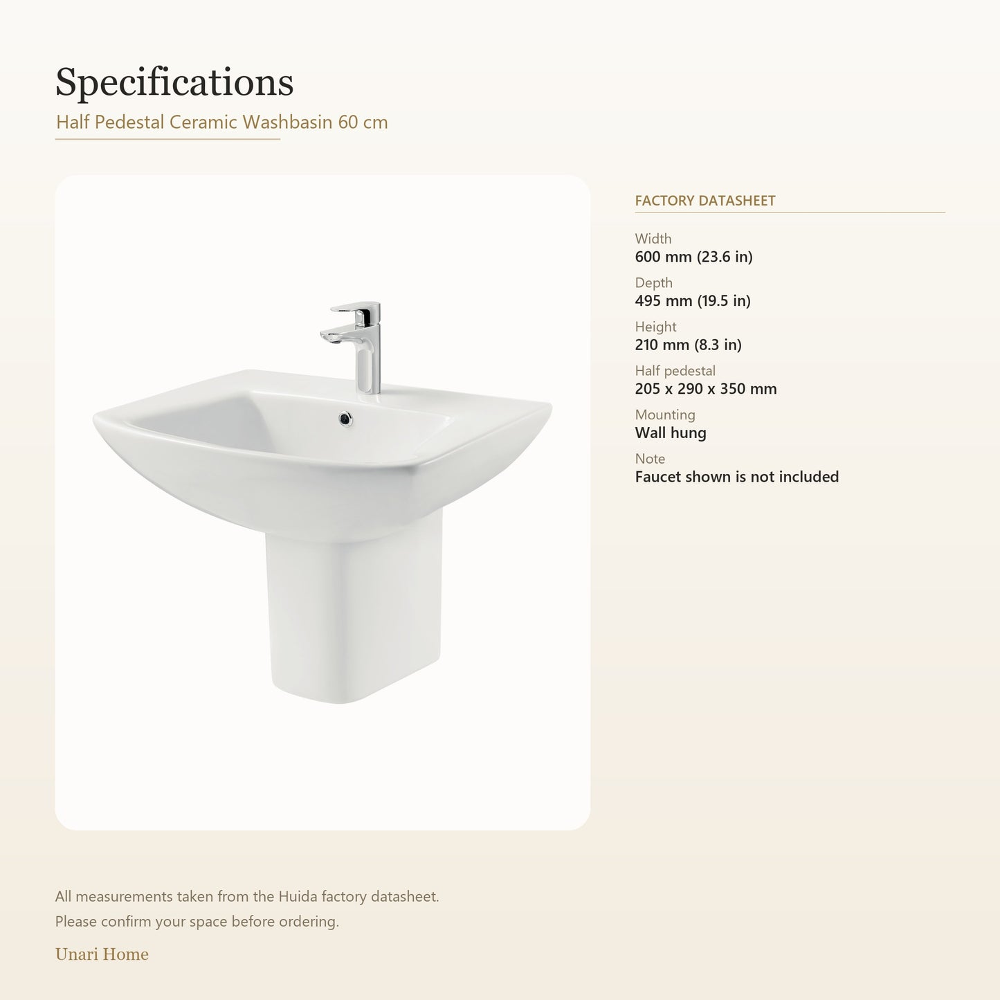 Unari Home Half Pedestal Ceramic Washbasin 60 cm