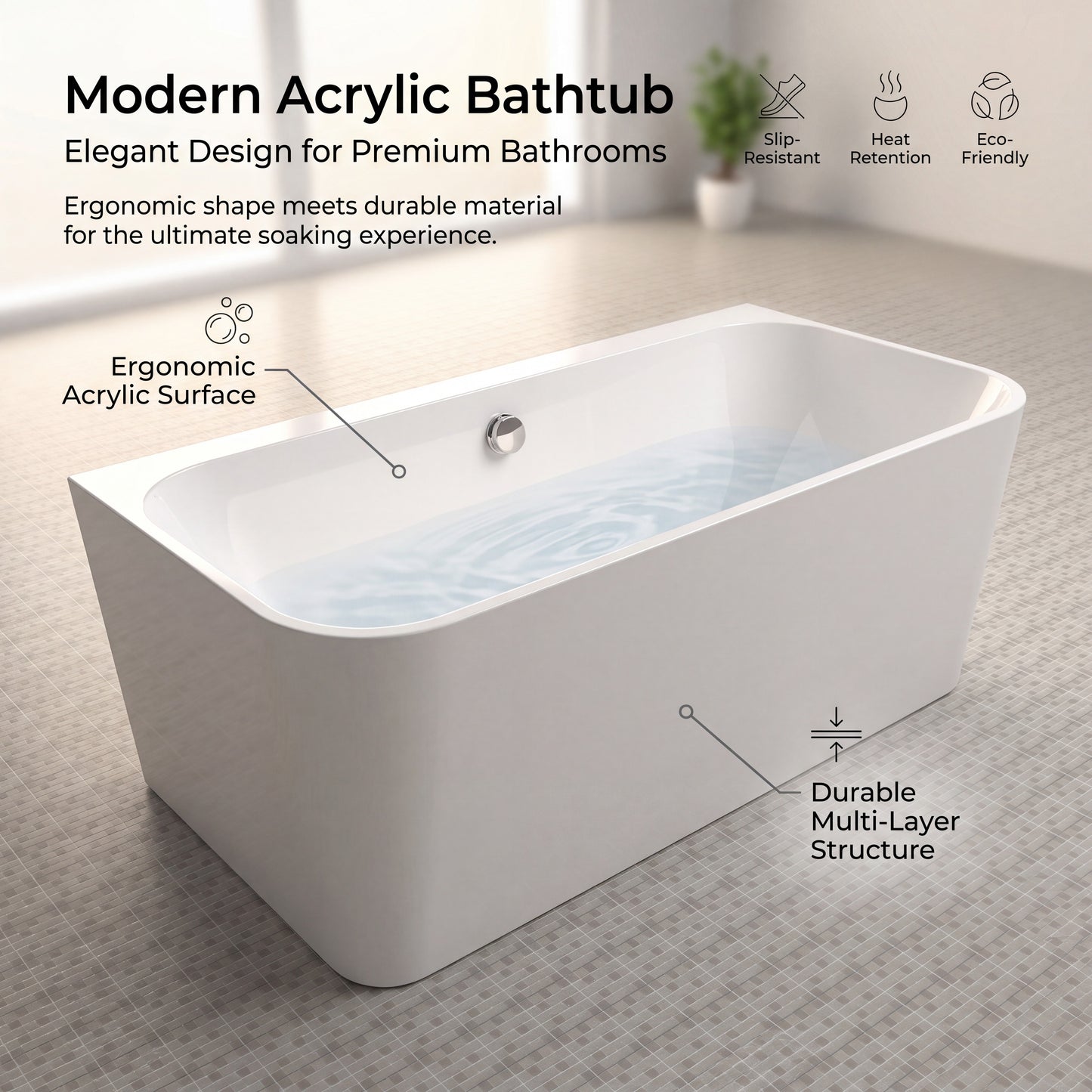Unari Home Back to Wall Acrylic Bathtub 170 cm, Gloss White