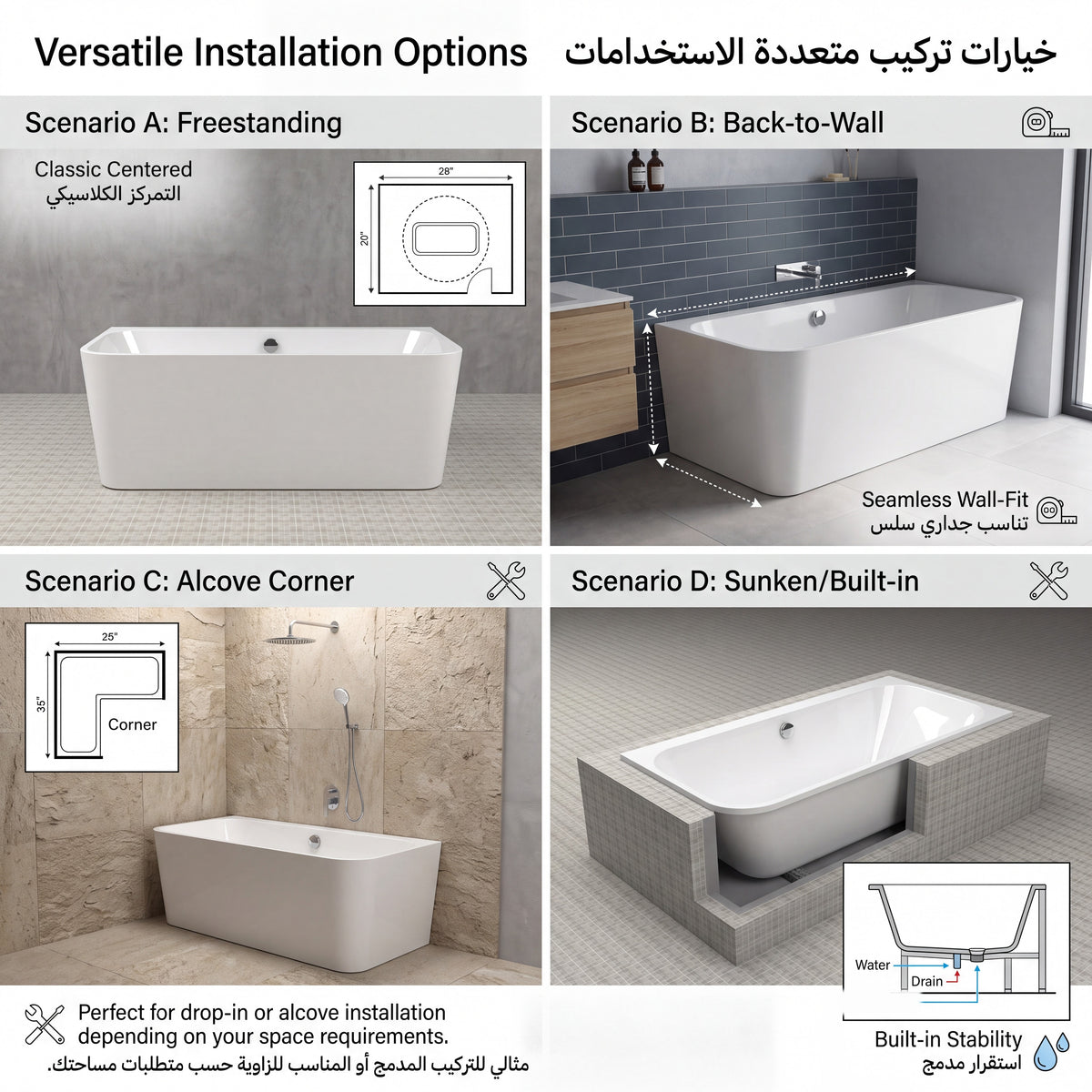Unari Home Back to Wall Acrylic Bathtub 170 cm, Gloss White