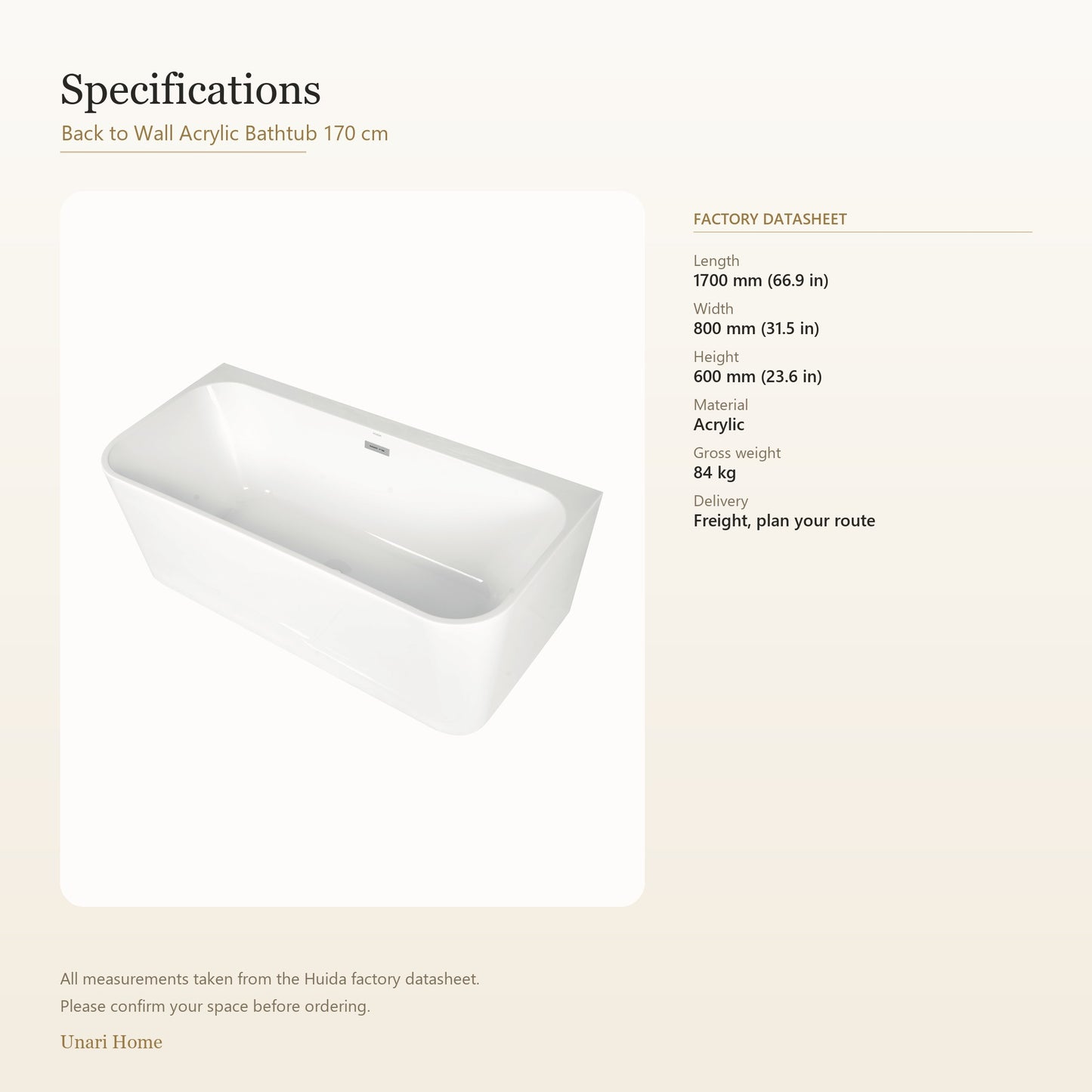 Unari Home Back to Wall Acrylic Bathtub 170 cm, Gloss White