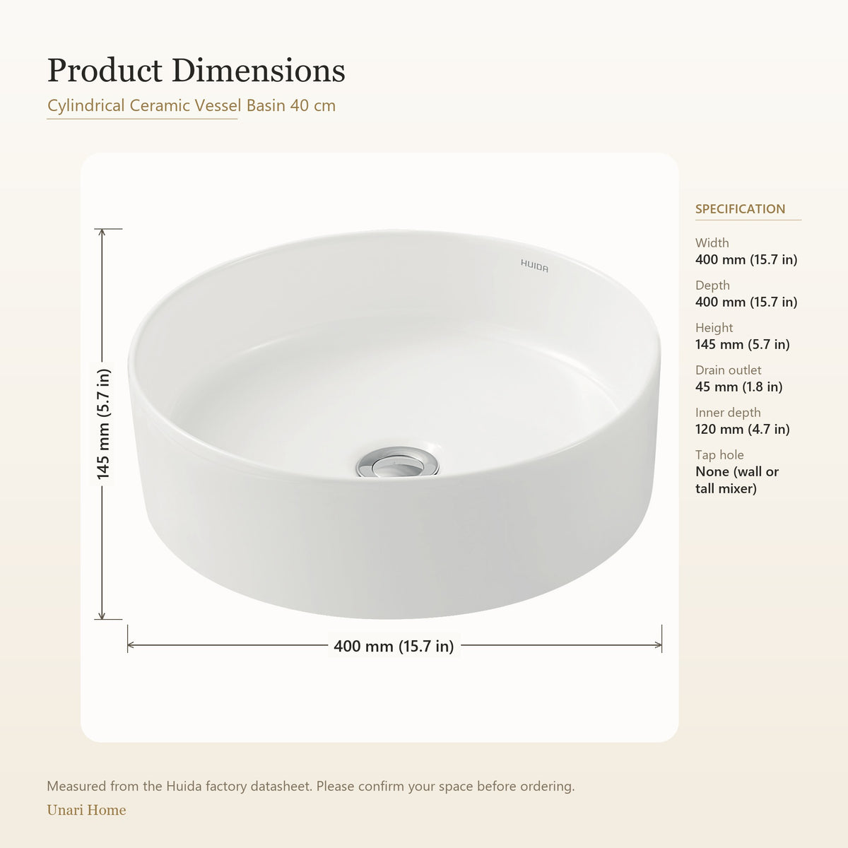 Unari Home Cylindrical Ceramic Vessel Basin 40 cm