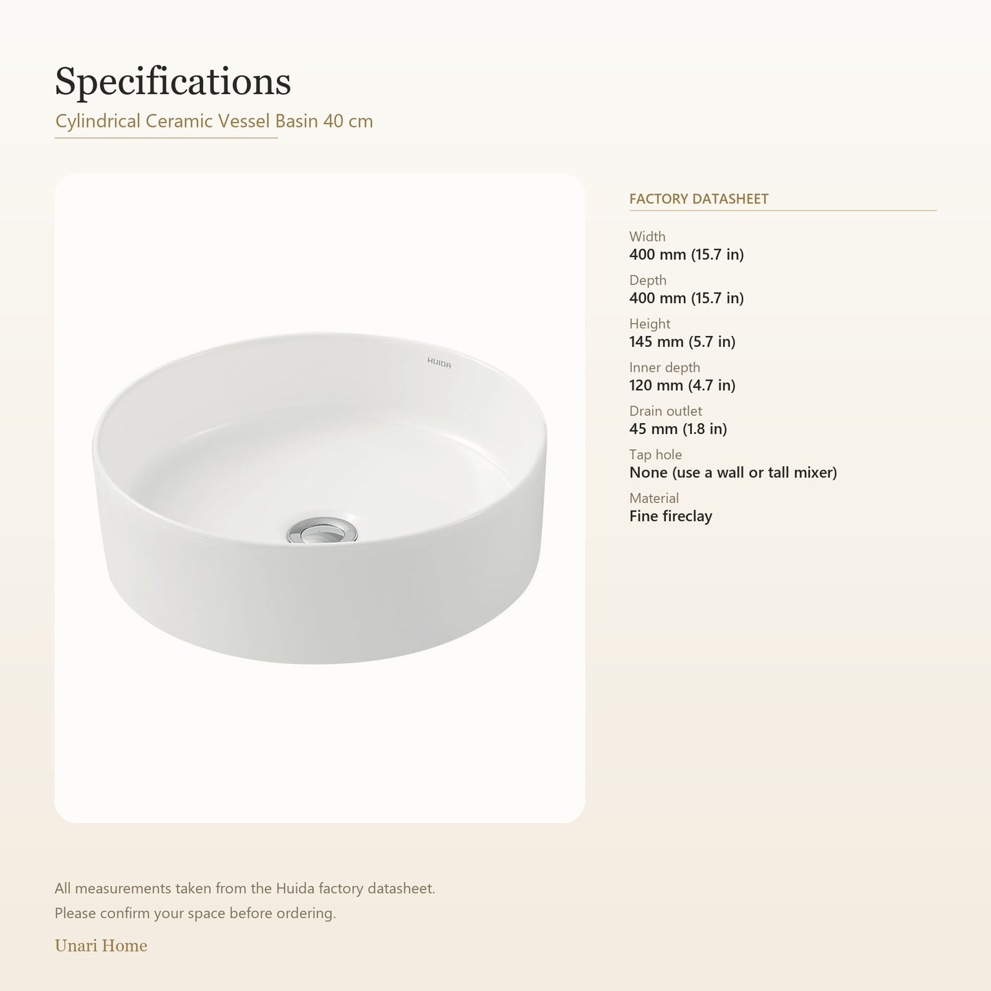 Unari Home Cylindrical Ceramic Vessel Basin 40 cm