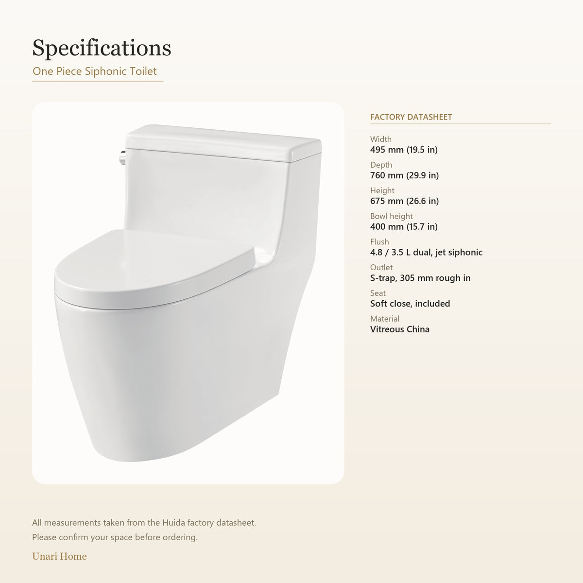 Unari Home One Piece Siphonic Toilet with Soft Close Seat