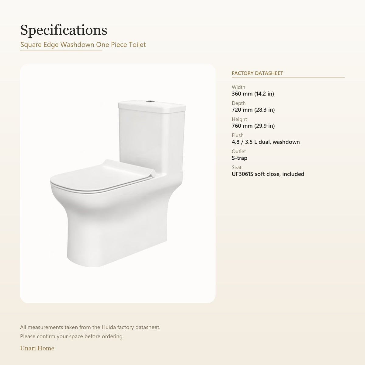 Specifications sheet for a square edge washdown one-piece toilet, showing a white toilet rendering on the left and factory datasheet details on the right, including width, depth, height, flush volume, outlet, and seal information.