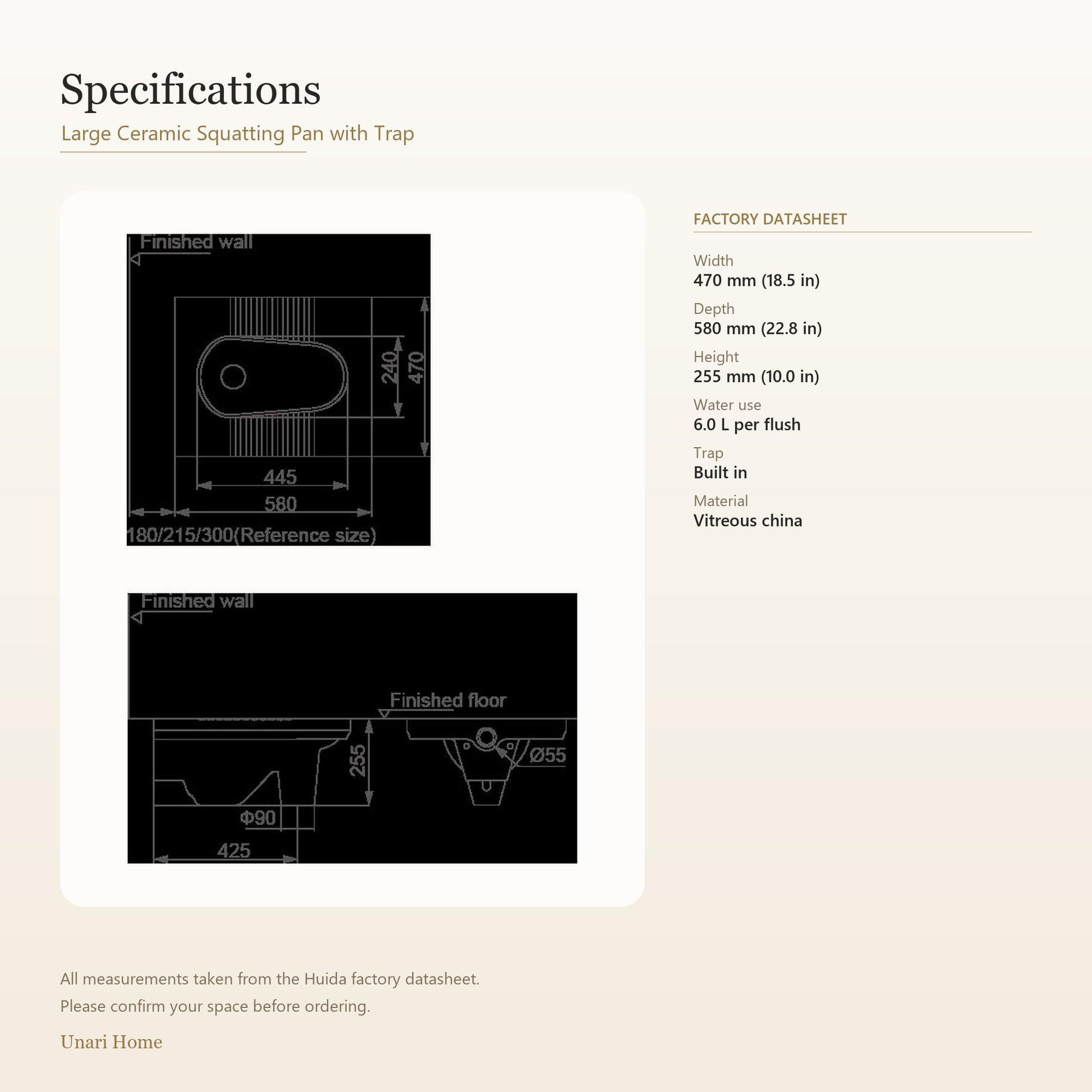 Specification sheet for a large ceramic squaring pan with trap, showing technical dimension drawings and factory datasheet details on a light beige background.
